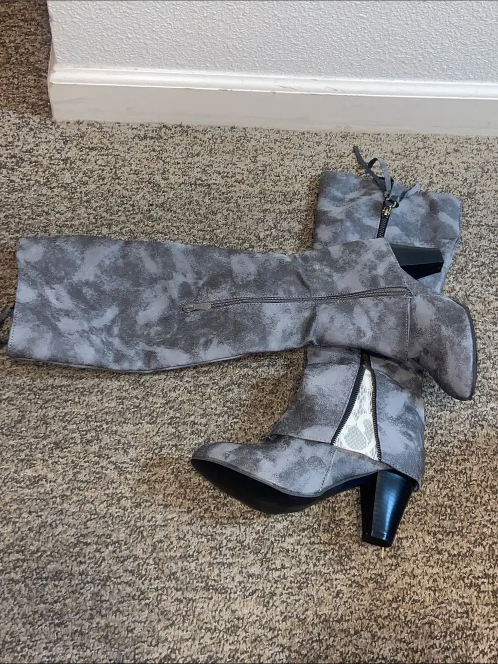 Over-the-Knee Gray Block Heel Boots with Snake-Print Heel Accent